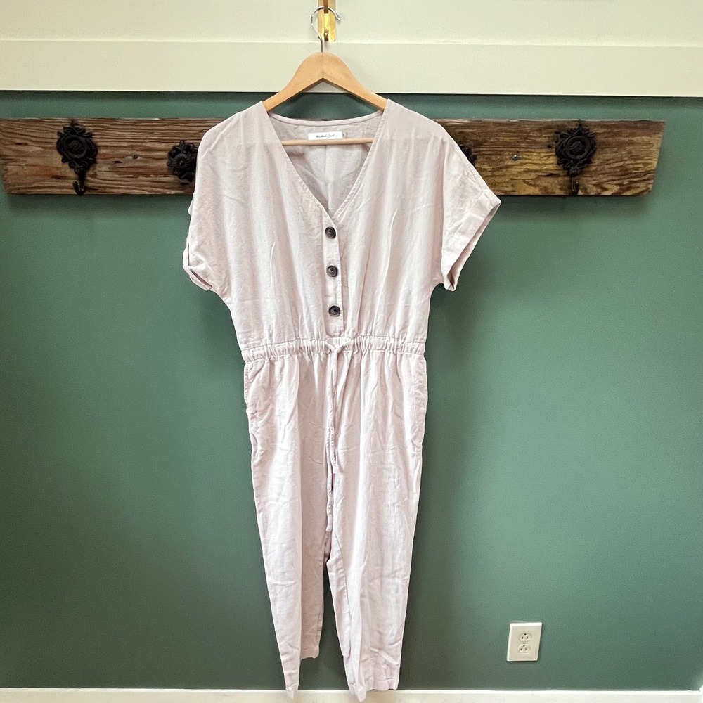 Mustard Seed Womens Natural Cotton Button Front Drawstring Jumpsuit Small S19727